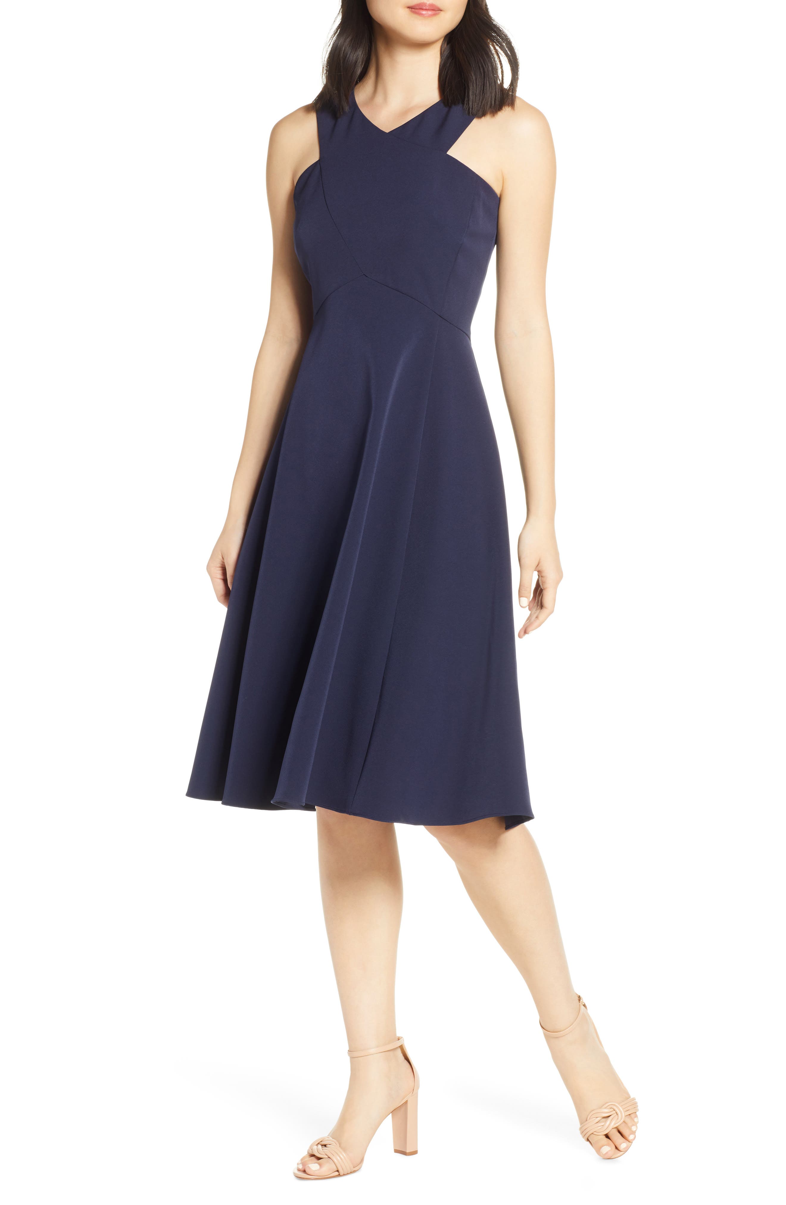 Eliza J Cross Neck Crepe Fit & Flare Dress, Blue