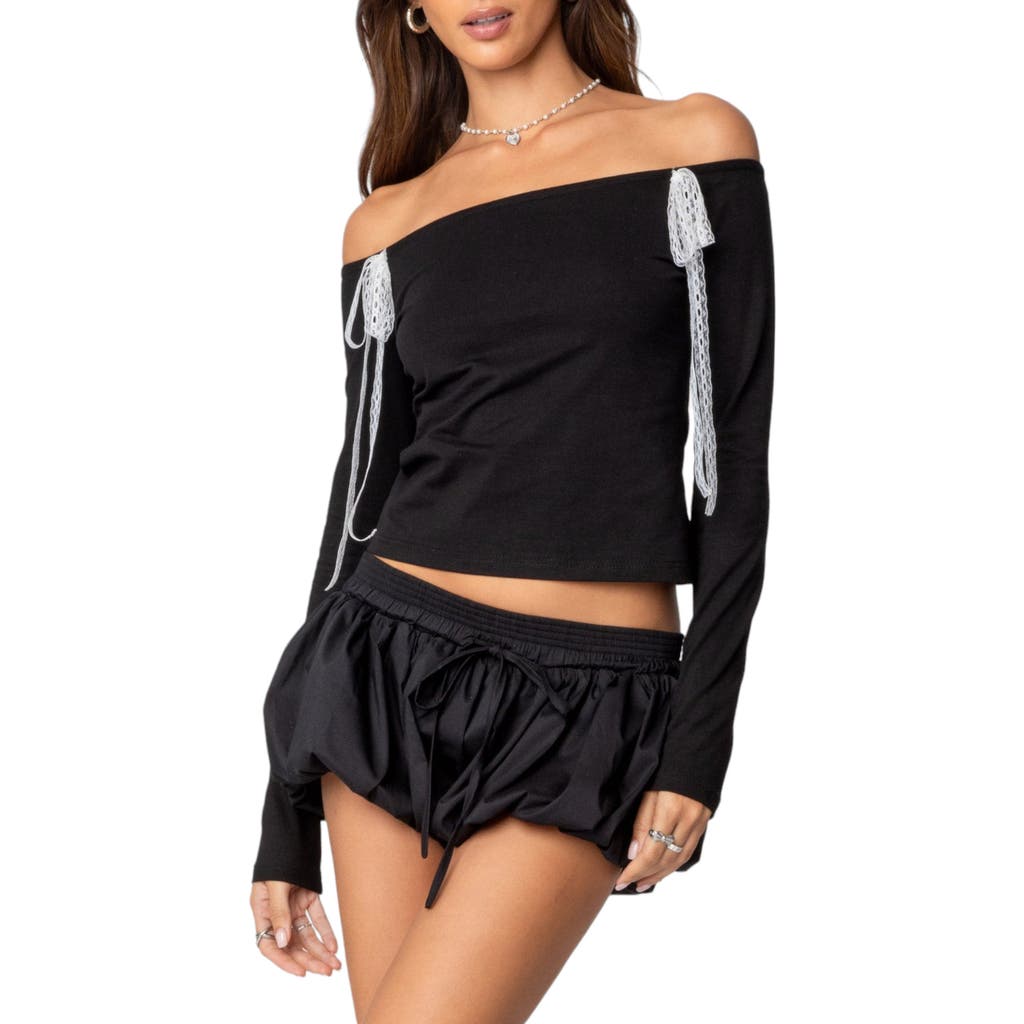 Shop Edikted Lace Bow Detail Off The Shoulder Top In Black