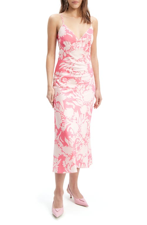 Malinda Floral Tie Back Satin Midi Dress in Pink Abstract