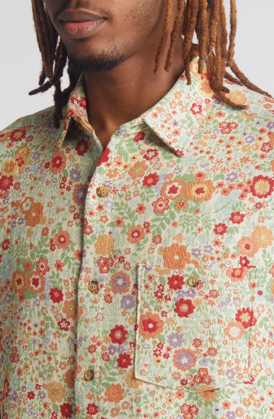 Shop Percival Clerk Floral Jacquard Short Sleeve Cotton Button-up Shirt In Green Multi