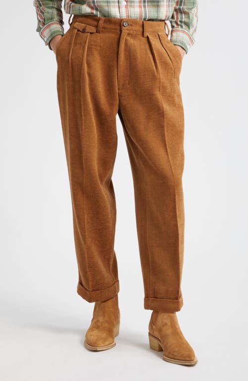 Double Pleat Cotton & Wool Knit Trousers in Golden Brown 28