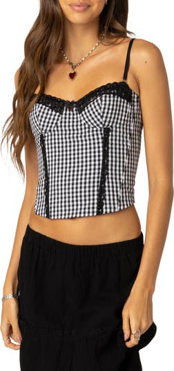 EDIKTED Gingham Lace-Up Back Corset Top