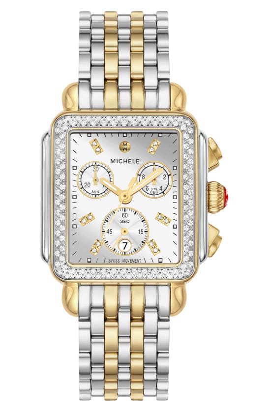 Shop Michele Deco Diamond Chronograph Bracelet Watch, 35mm In Two Tone