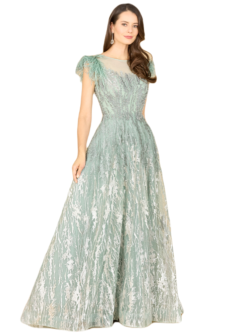 Shop Lara New York Lace Ballgown With Feather Cap Sleeves In Sage