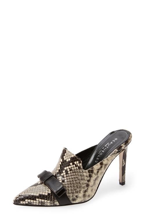 BEAUTIISOLES Lisa Pointed Toe Mule in Python Leather Black Bow