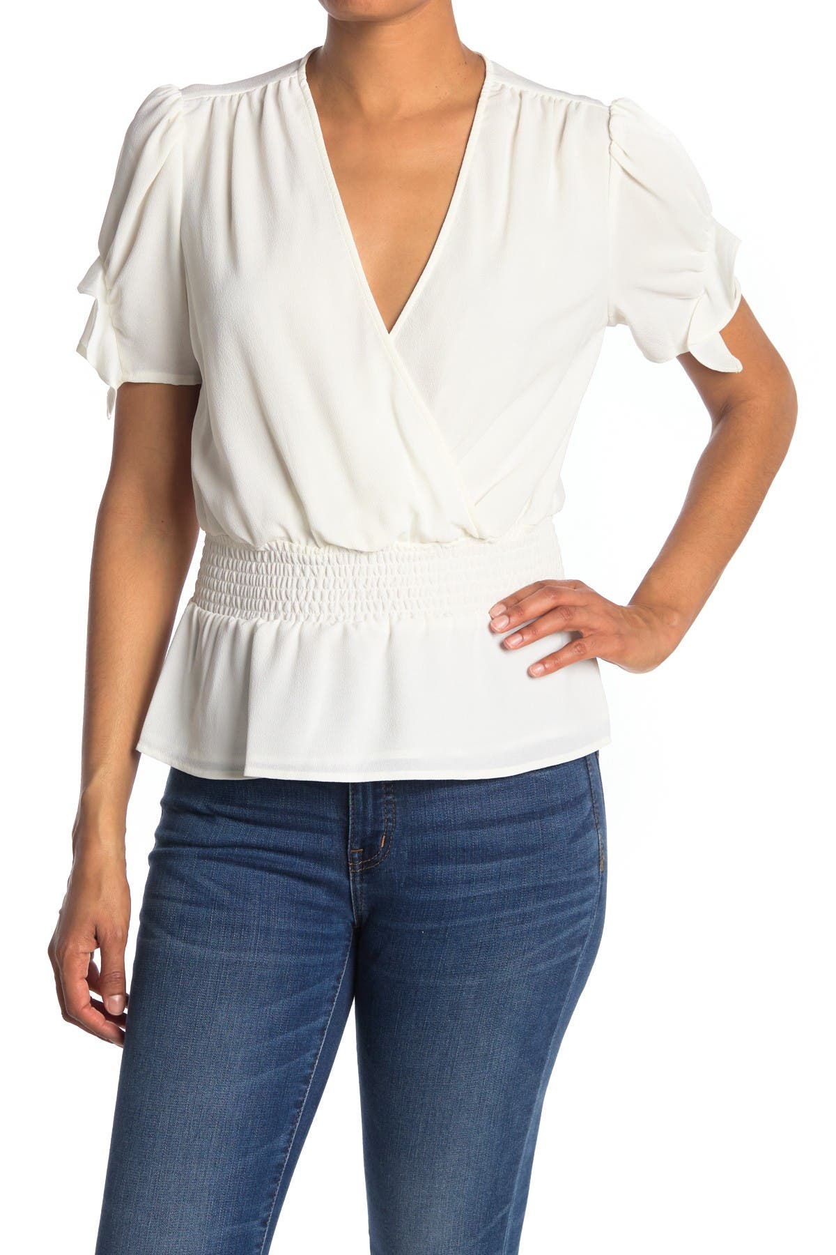 1.state Surplice Ruffle Sleeve Smocked Top In Natural3