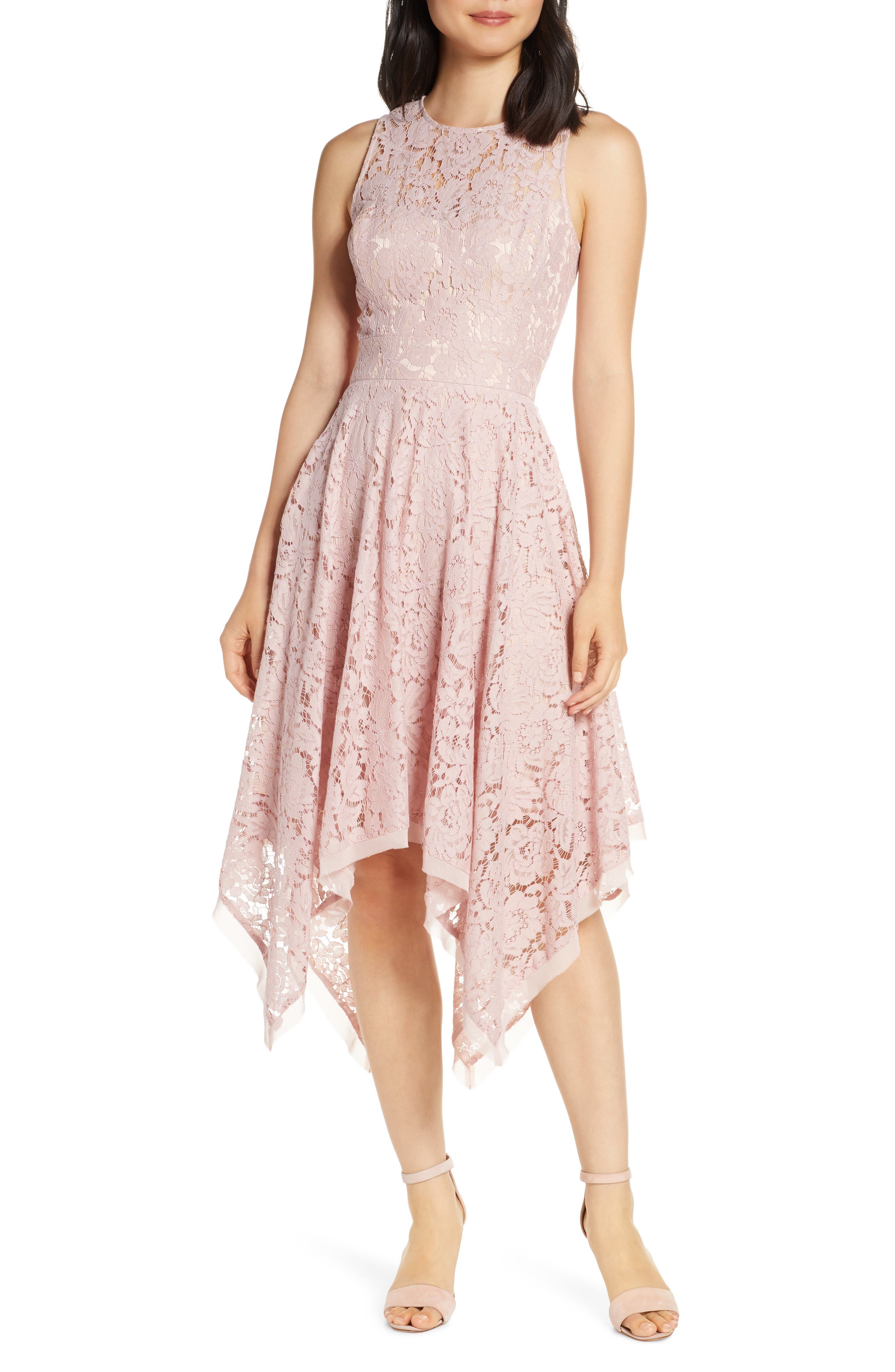 Eliza J Lace Sleeveless Handkerchief Hem Dress, Pink