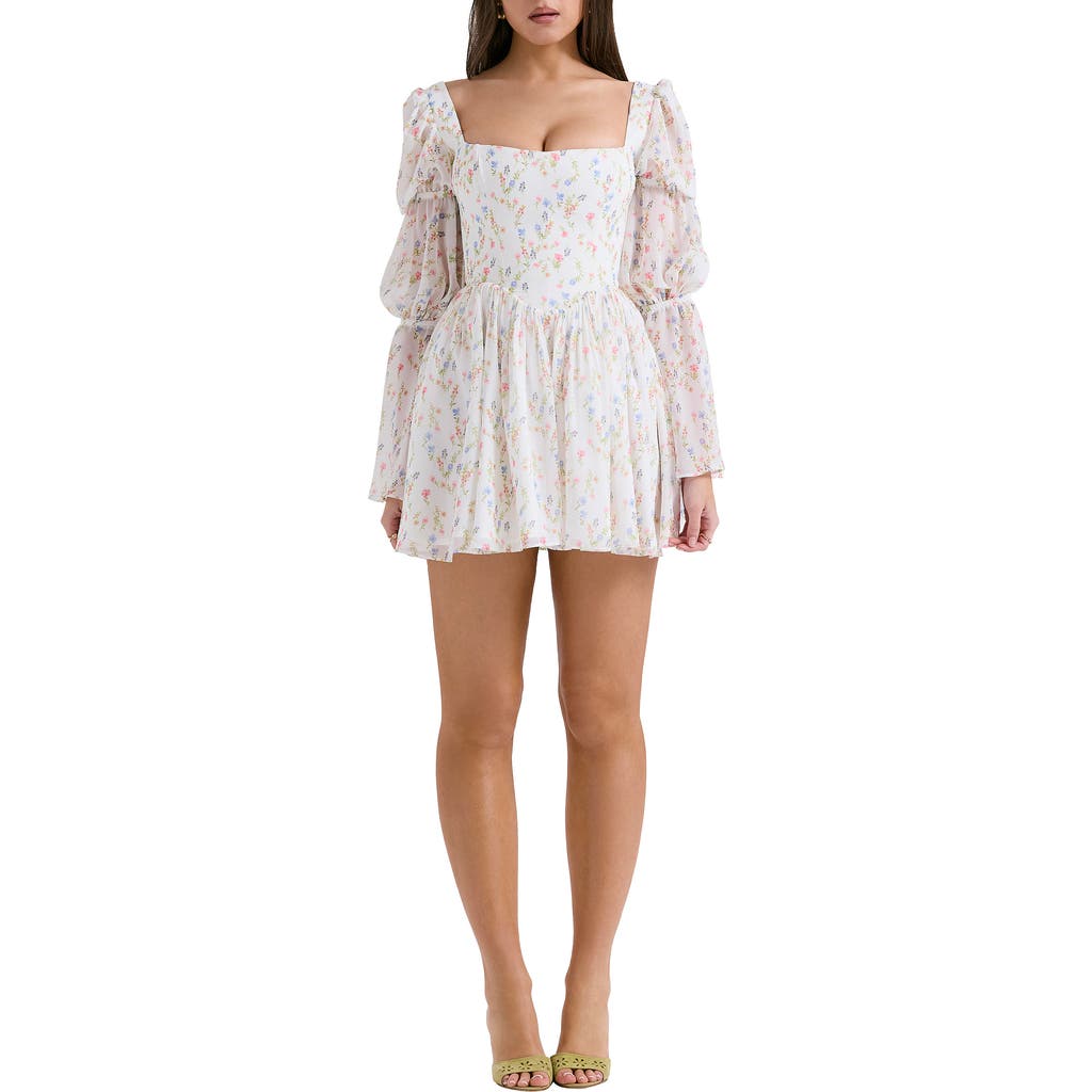 House Of Cb Sancia Floral Print Corset Long Sleeve Minidress In White/pink Floral Print