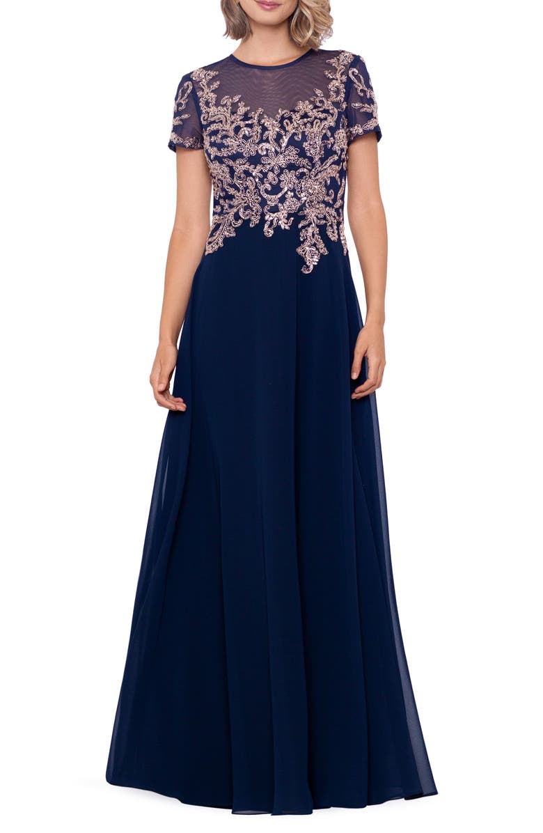 Betsy & Adam Cap Sleeve Embellished Pleated Gown | Nordstrom