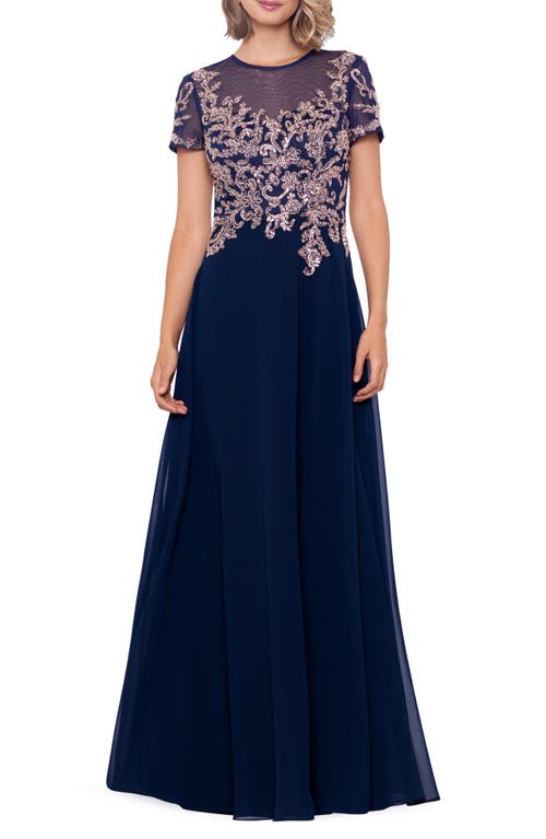 Betsy & Adam Cap Sleeve Embellished Pleated Gown in Navy/Rose