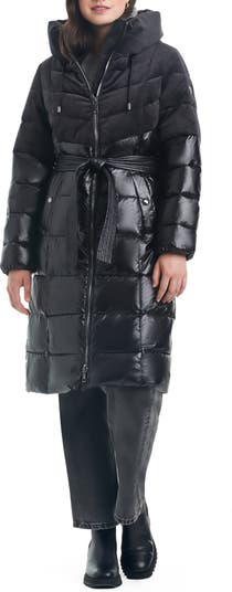 Maternity Black Collar Belted Longline Puffer Coat