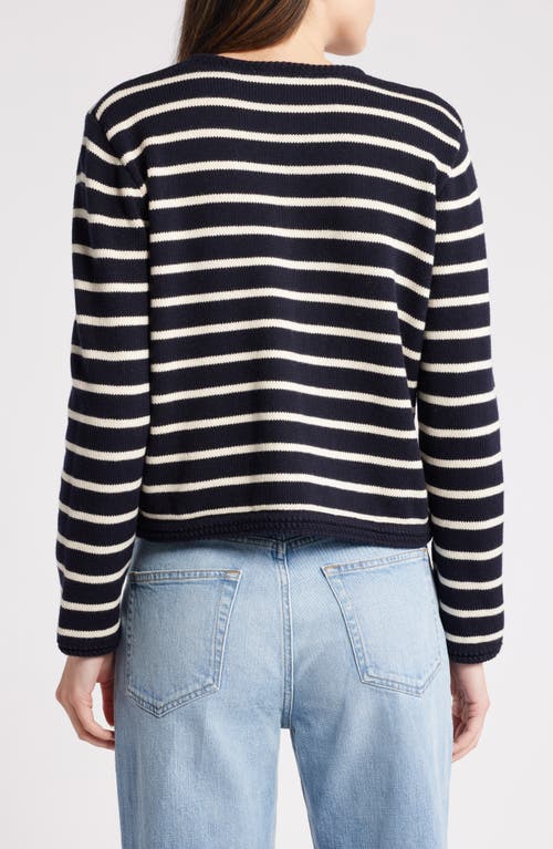 Shop Frame Stripe Merino Wool & Cotton Cardigan In Navy Multi