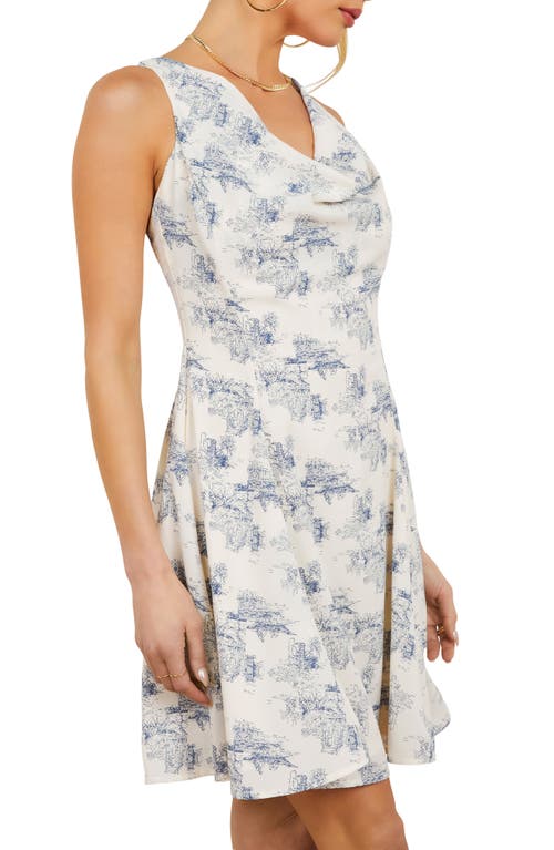 Vici Collection Marybeth Toile Print Cowl Neck Minidress In Ivory/blue