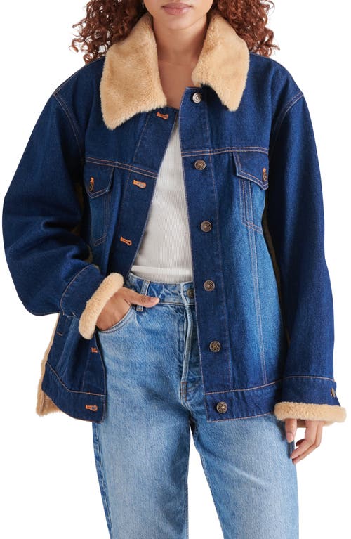 Shop Steve Madden Winona Oversize Faux Fur Denim Jacket In Dark Indigo