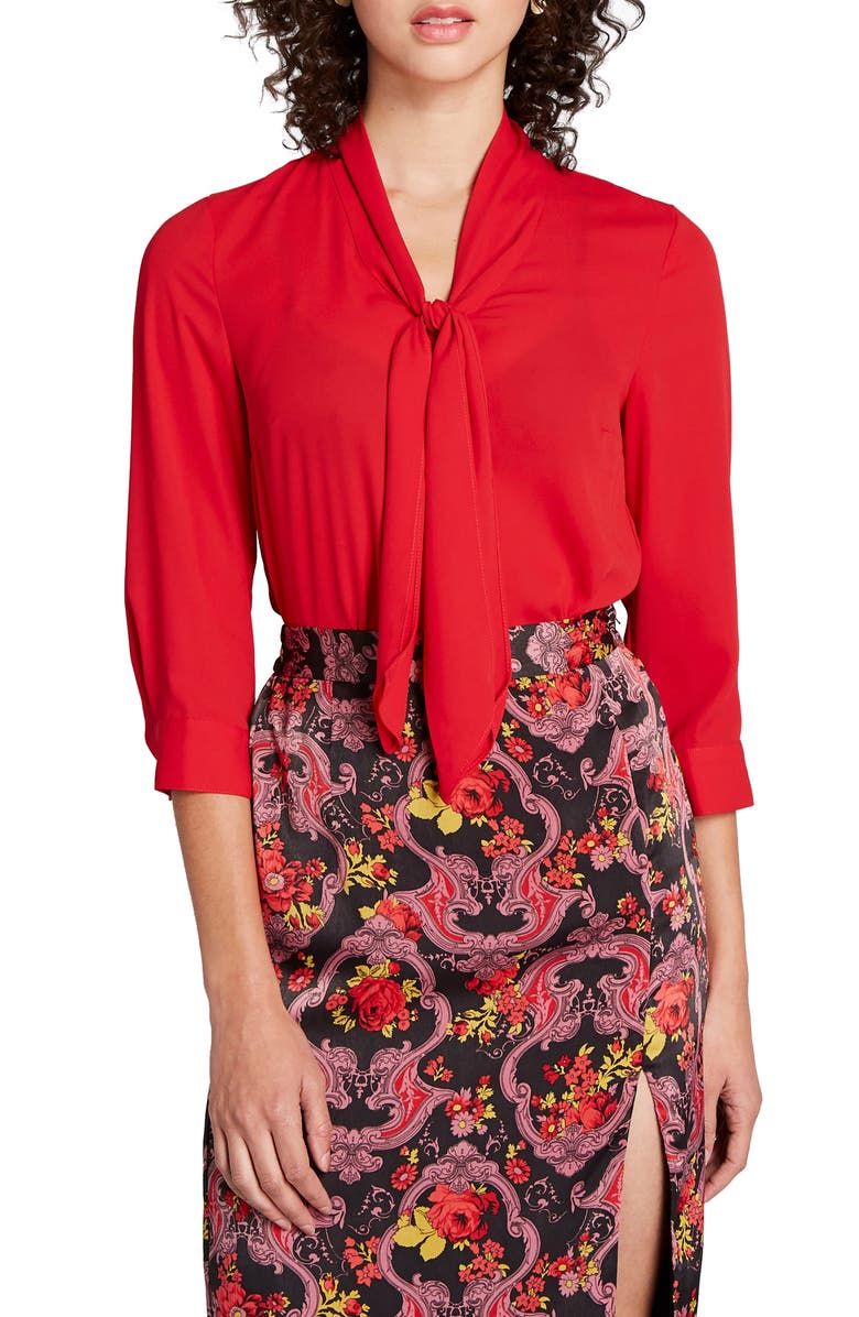 MODCLOTH Three-Quarter Sleeve Tie Neck Top, Main, color, RED