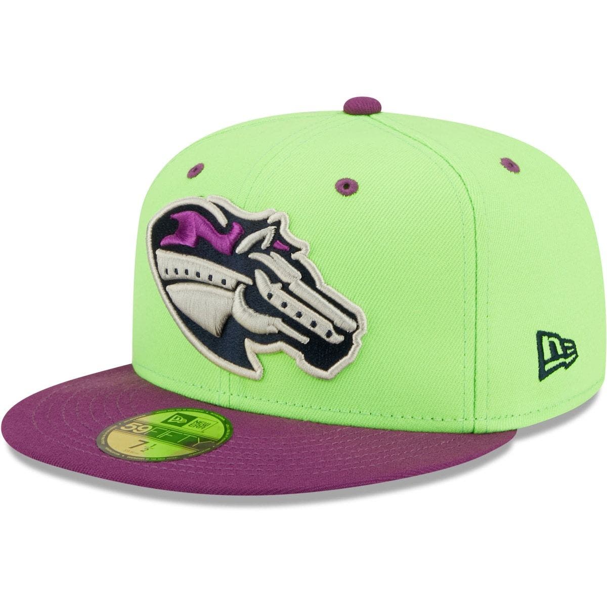 green and purple fitted hats