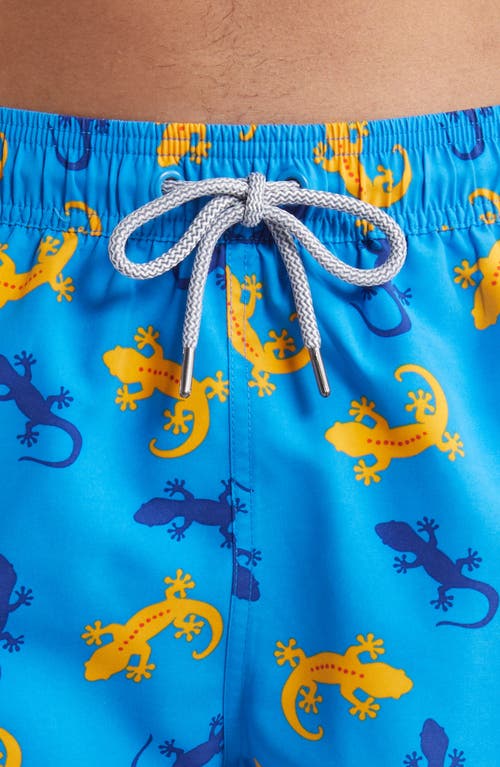 Tom & Teddy Gecko Print Performance Swim Trunks In Blue/orange