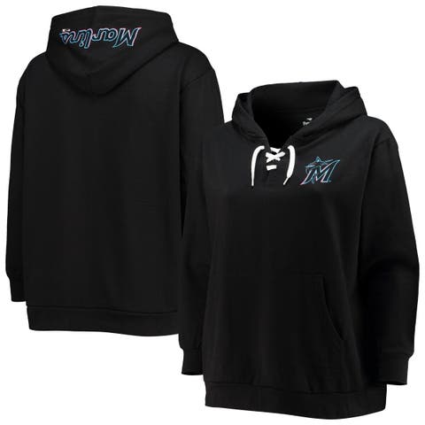 Women's Black Miami Marlins Plus Size Lace-Up V-Neck Pullover Hoodie