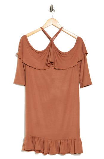 Go Couture Ruffled Cold Shoulder Dress In Sunburn