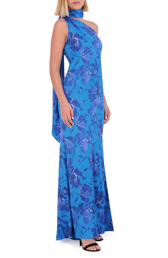 Shop Vince Camuto Floral Mock Neck One-shoulder Gown In Cobalt Multi
