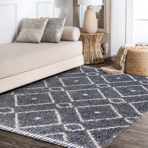 Jonathan Y Mercer Shag Plush Tassel Moroccan Diamond Denim Area Rug In Denim Blue/cream