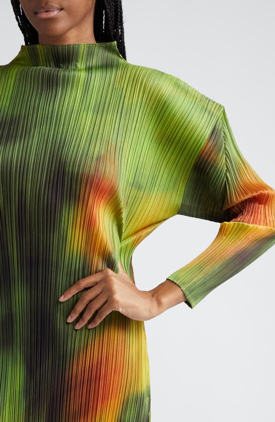 Shop Issey Miyake Pleats Please  Abstract Print Pleated Long Sleeve Dress In Spinach