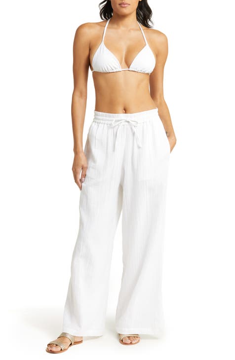 Cover Ups White Cut Out Stretch Cotton Bathing Suits For Women Long Pants