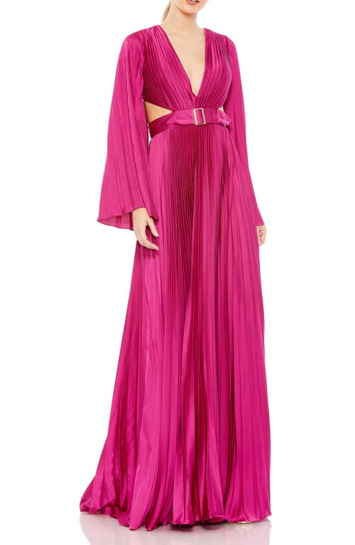 Ieena for Mac Duggal Plunge Neck Cutout Waist Long Sleeve Satin Gown in Fuchsia