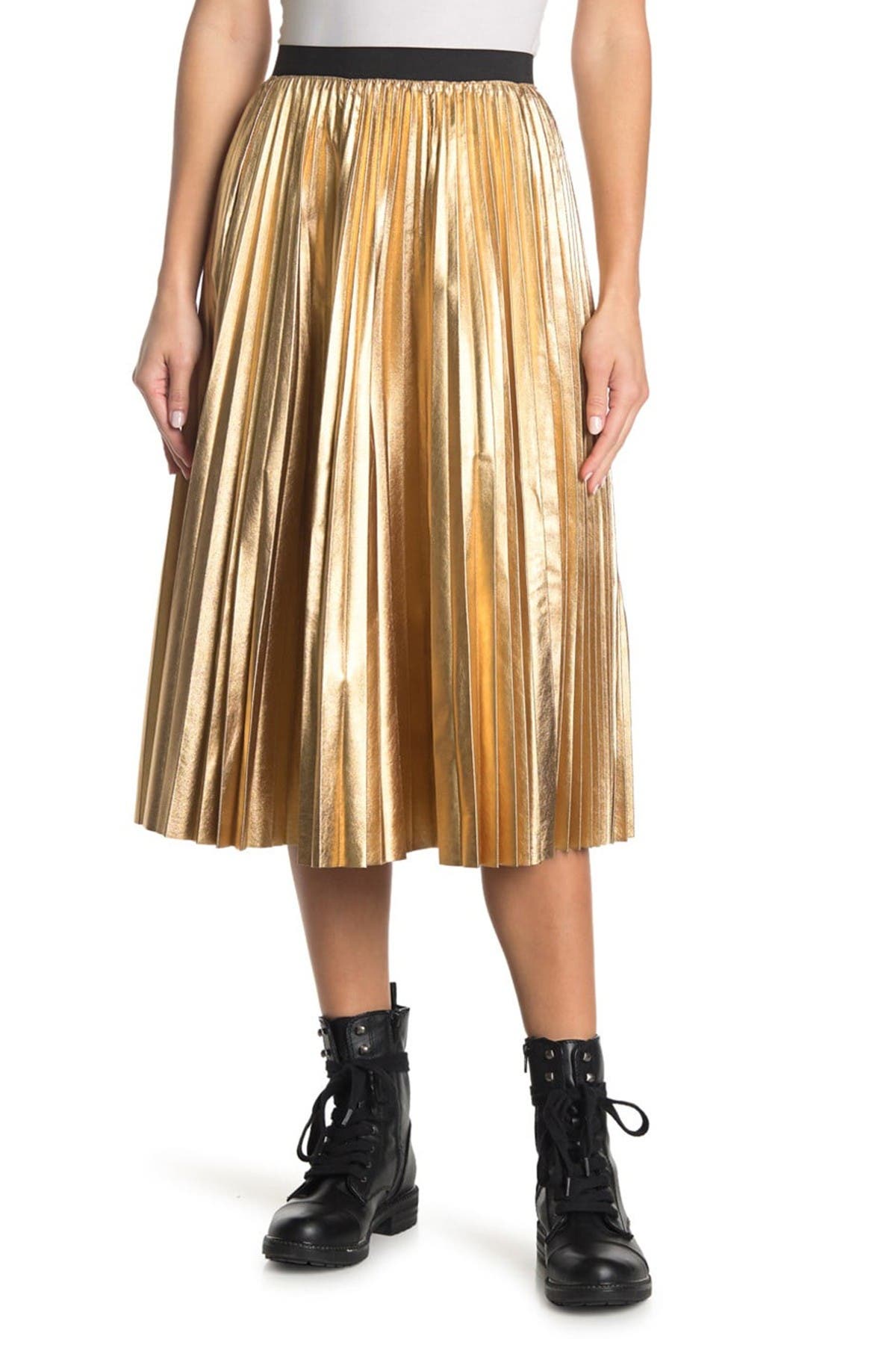 Red Valentino Pleated Leather Midi Skirt In Oro L01