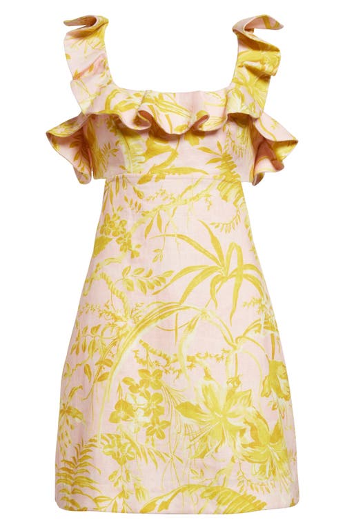 Shop Zimmermann Golden Tropical Print Ruffle Linen Minidress In Pink/gold Floral