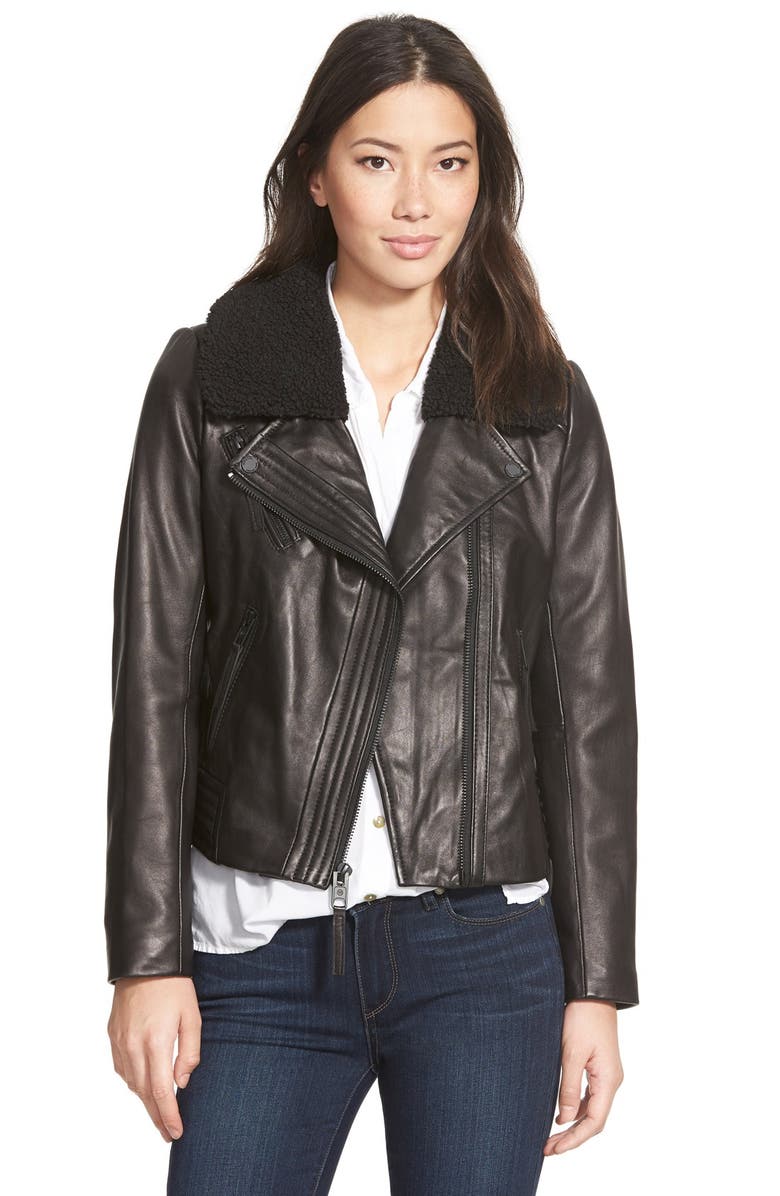 MICHAEL MICHAEL KORS Leather Moto Jacket with Faux Shearling Collar, Main, color, Black