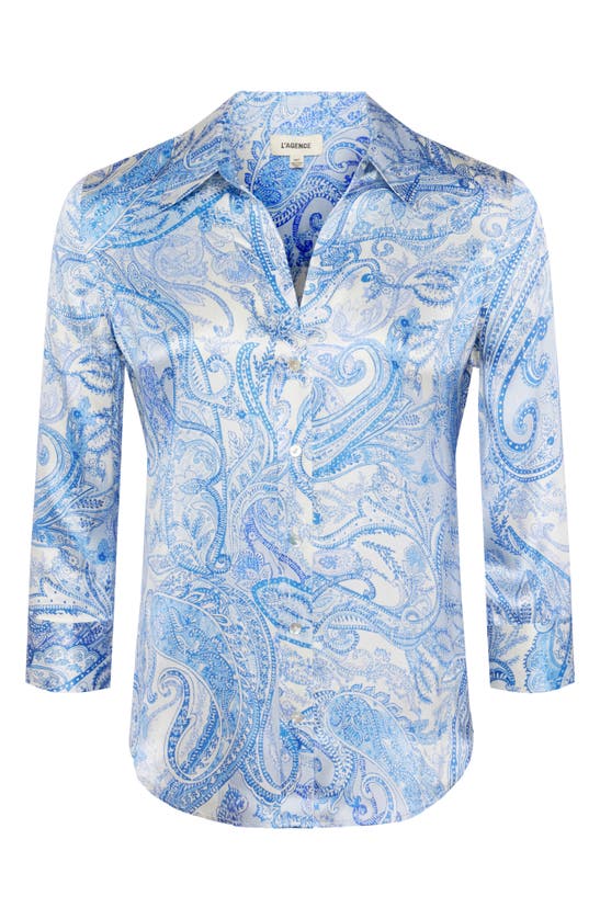 Shop L Agence Dani Paisley Print Silk Button-up Shirt In Ivory/ Blue Decorated Paisley