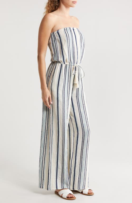 Shop Elan Stripe Strapless Wide Leg Cover-up Jumpsuit In Natural/blue Stripe