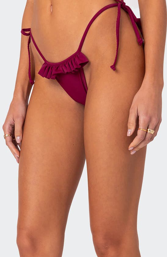 Shop Edikted Joelle Ruffle Side Tie Bikini Bottoms In Burgundy