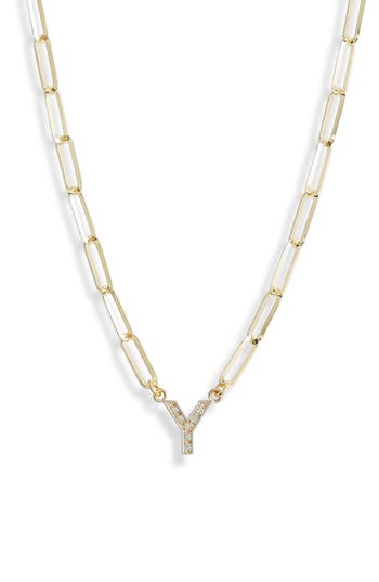 Meshmerise Diamond Initial Charm Paper Clip Chain Necklace In Yellow-y