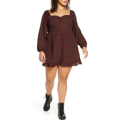 Plus Size Bp. Print Sweetheart Neck Long Sleeve Dress, Red