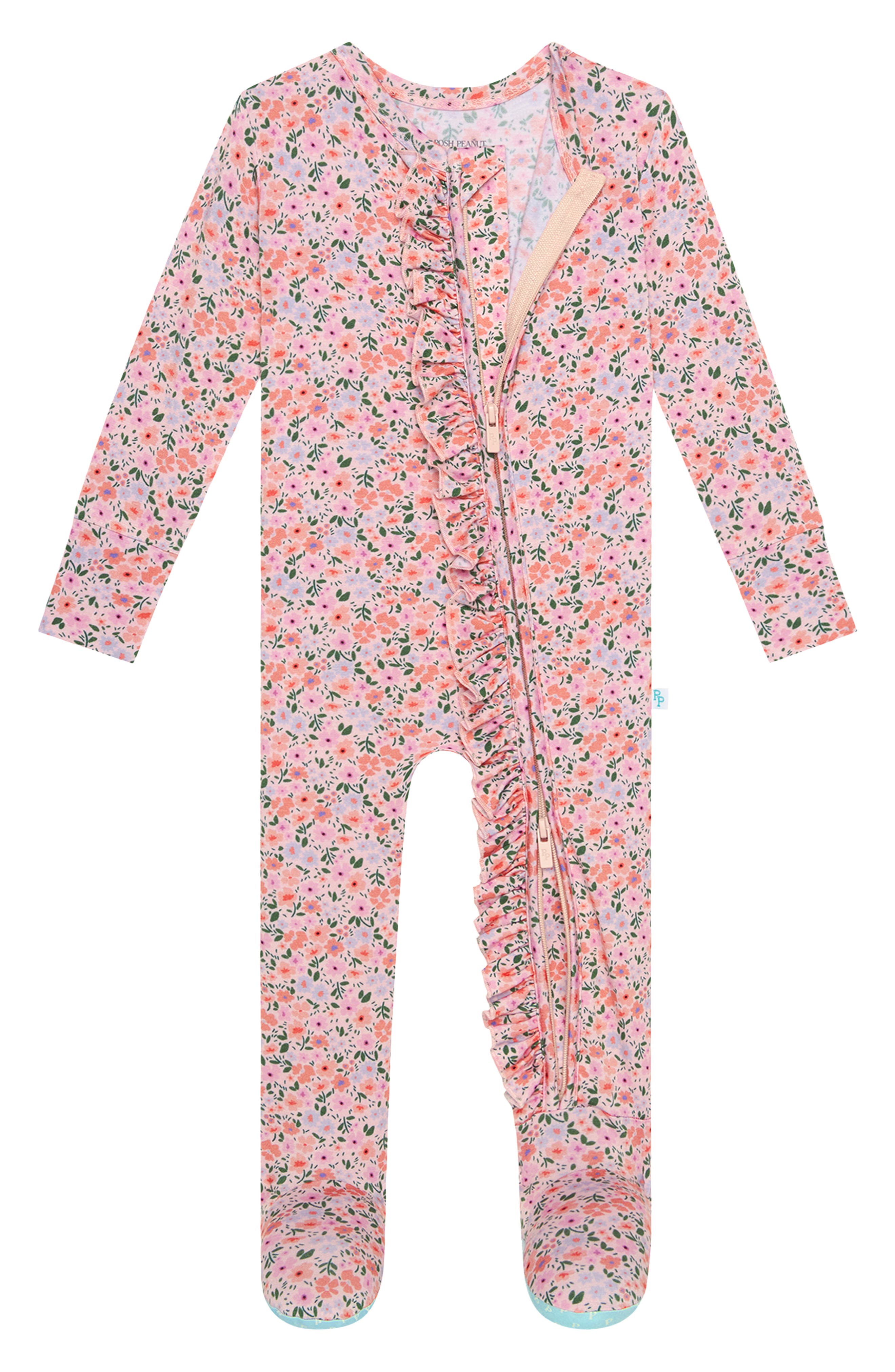 Nordstrom Baby Clothing Loungewear Pajamas Henriette Floral Ruffle Zip Fitted Footie Pajamas in Light/Pastel Orange at Nordstrom 