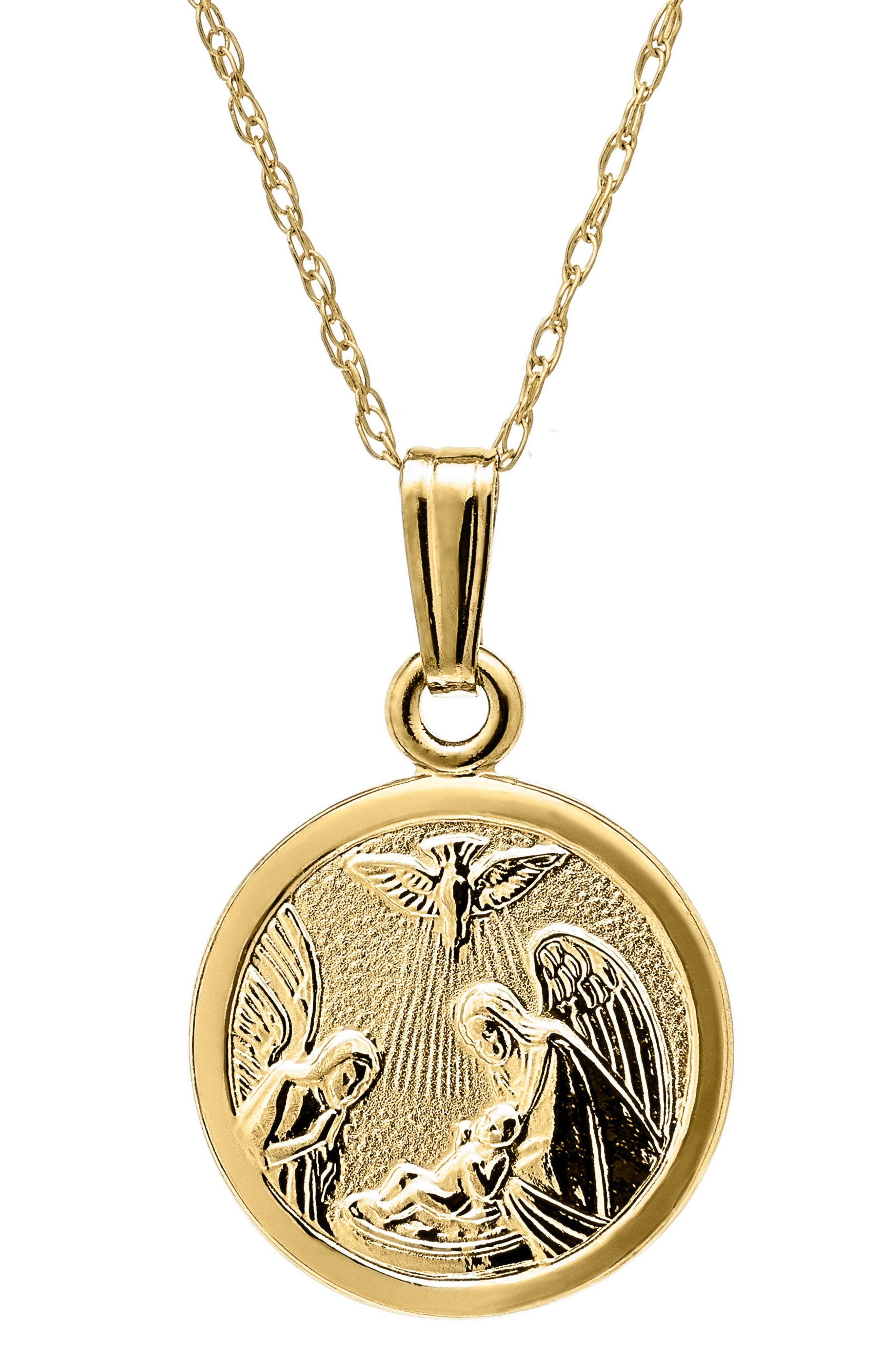 Guardian Round Necklace Charm 14K Solid Yellow Gold Baby Angel Medal Pendant 