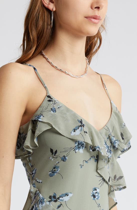 Shop Open Edit Floral Print Ruffle Chiffon Dress In Green- Blue Smudge Floral