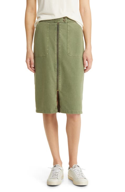 Relaxed Zip Front Twill Midi Skirt