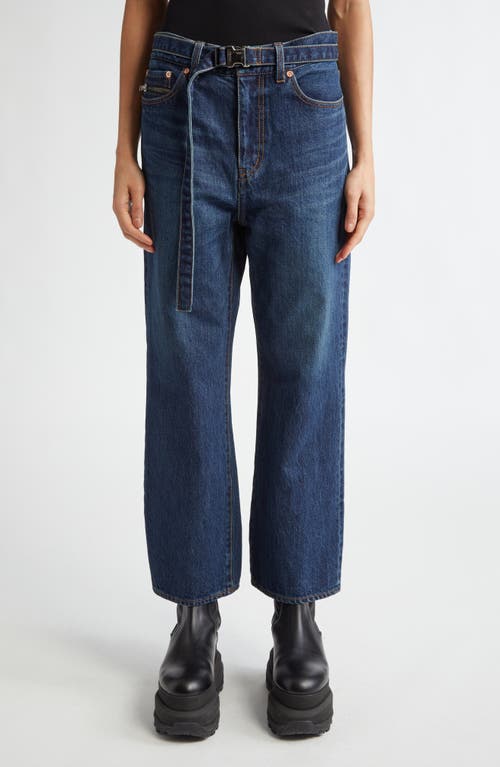 Sacai Belted Crop Bootcut Jeans In Blue