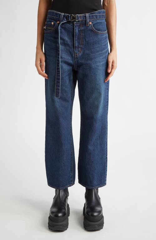 Shop Sacai Belted Crop Bootcut Jeans In Blue