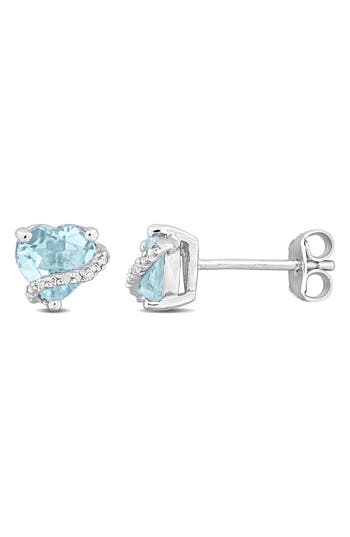 Delmar Sky Blue Topaz & Diamond Heart Stud Earrings In Blue