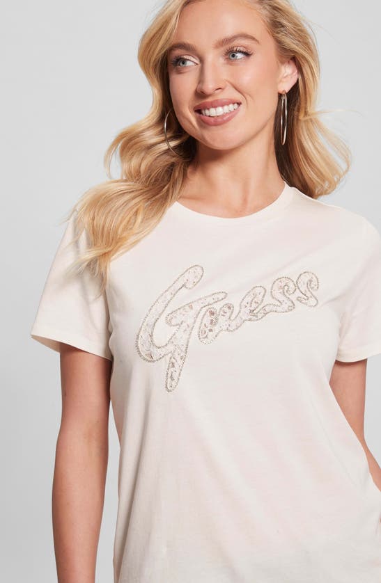Shop Guess Lace Logo Organic Cotton Graphic T-shirt In White