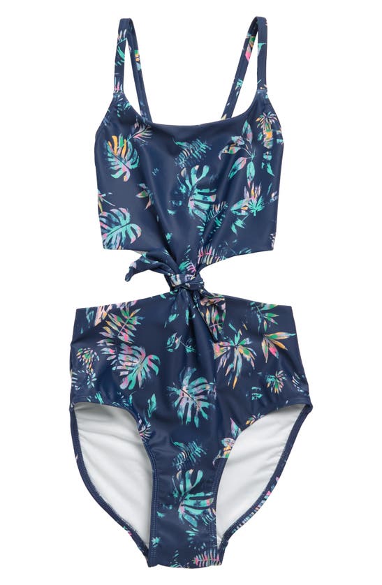 Melrose And Market Kids' Tie Front One-piece Swimsuit In Navy Denim Tropical Palms