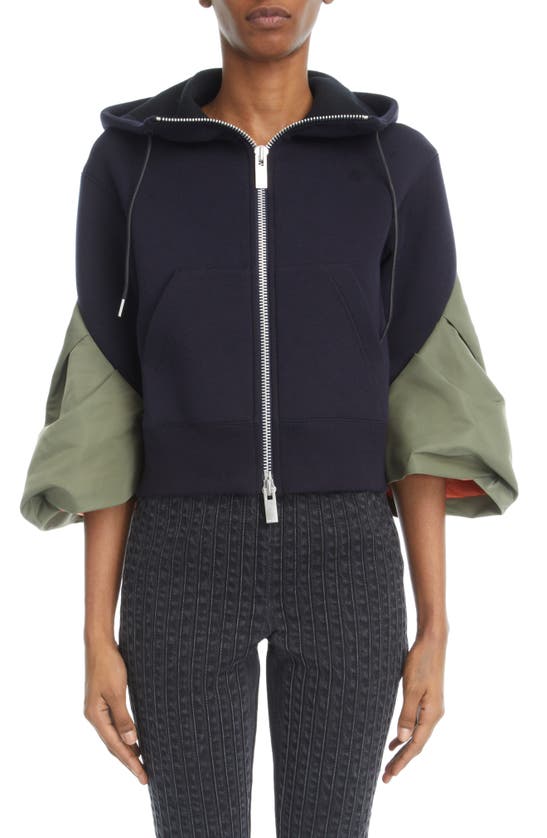 Sacai Sponge & Nylon Twill Zip Hoodie In Navy