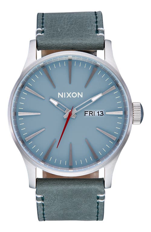 Shop Nixon The Sentry Leather Strap Watch, 42mm In Silver/blue/forest