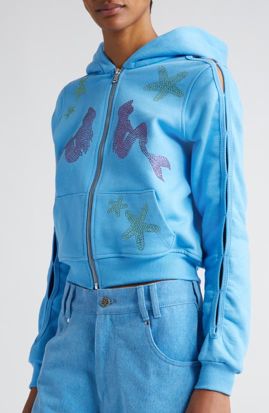 Marshall Columbia X Disney 'the Little Mermaid' Slash Cutout Rhinestone Embellished Cotton Zip Hoodie In Blue