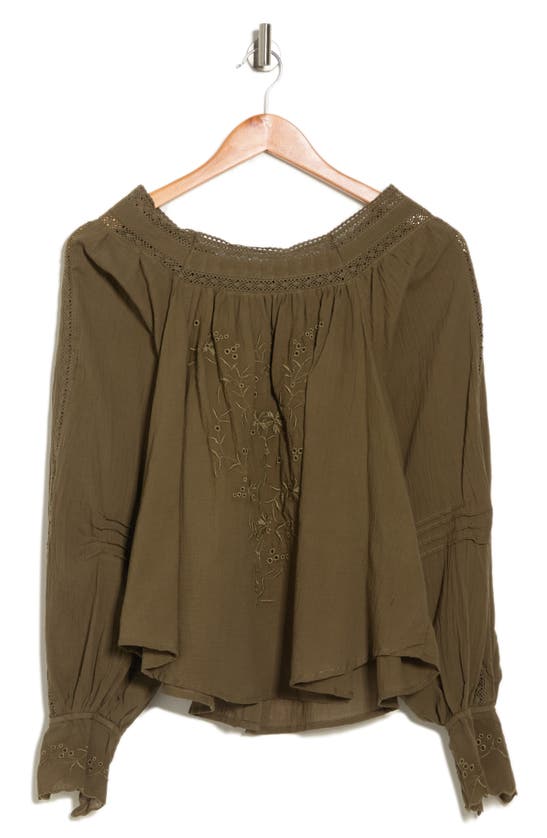 Forgotten Grace Embroidered Peasant Square Neck Top In Olive