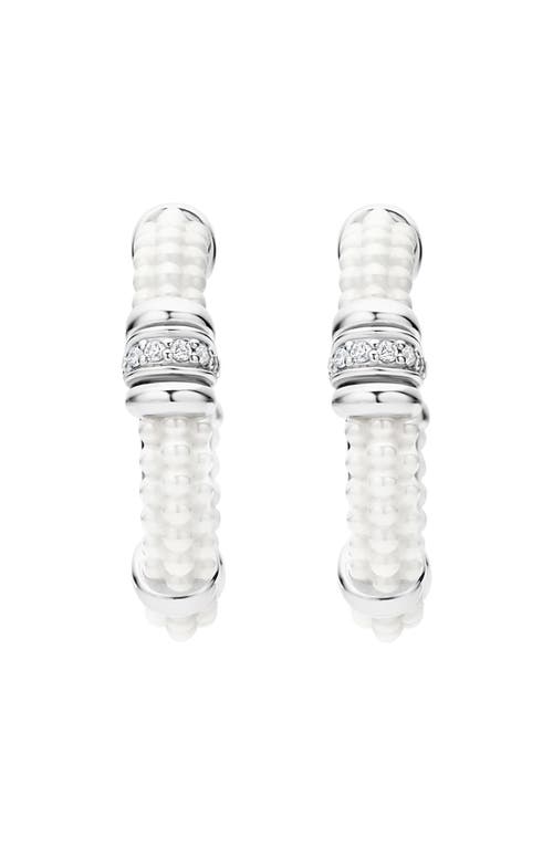 Shop Lagos White Caviar Ceramic & Diamond Hoop Earrings In Silver/diamond